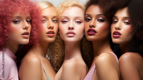 Female models of different skin colors and nationalities pose together. Beautiful girls with the appearance of beauty standards. Faces close up