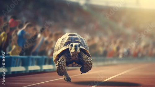 Tortoise wins the race, Tortoise and the Hare race concept photo