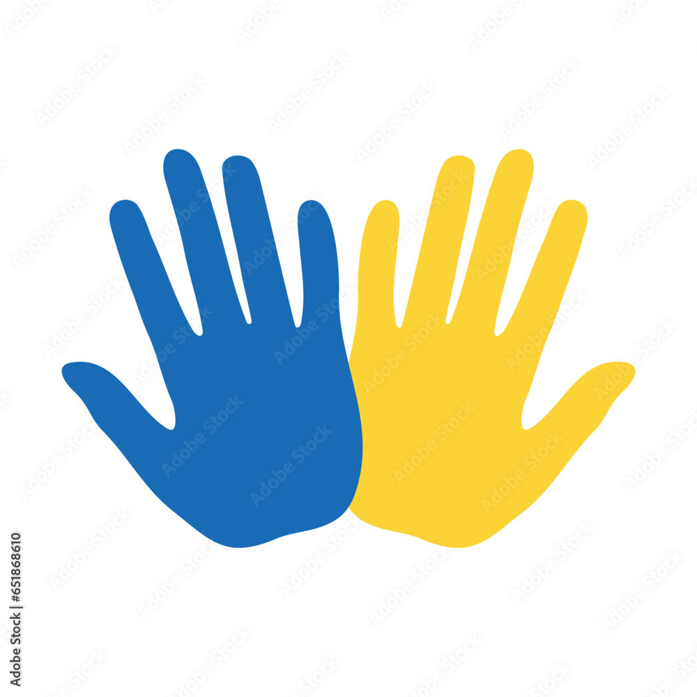 Support Ukraine. Help, save, pray for. Two Hands colors of Ukraine flag. Stop War. Blue and yellow. Support Ukraine. Help, save, pray for. Two Hands colors of Ukraine flag. Stop War. Blue and yellow.