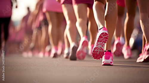 Women in pink running shoes participating in a breast cancer awareness marathon