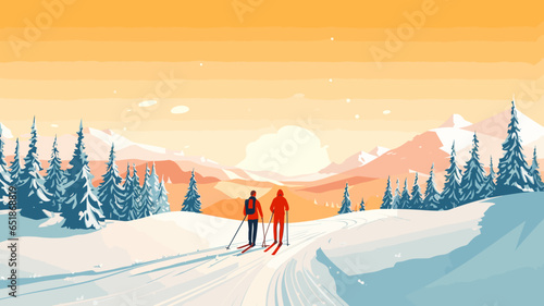 Bild auf Leinwand simple vector illustration, copy space, simple colors, 2 persons cross-country skiing