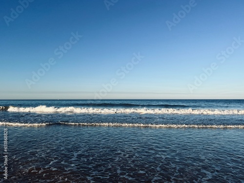 beautiful blue sea horizon, blue seascape, sandy seashore