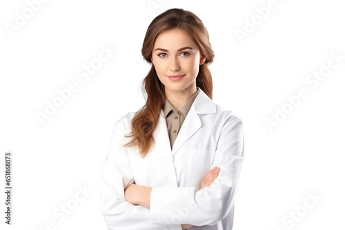 friendly young doctor woman with crossed arms in white medical uniform isolated on png white transparent background for healthcare design usage