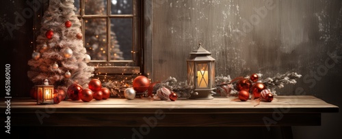 Christmas, New Year interior with red brick wall background, decorated fir tree with garlands and balls.