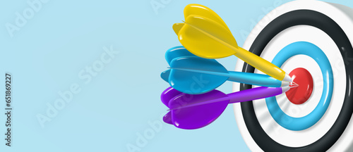 Banner with target and three arrows hitting the center with space for text. Realistic plastic 3D image of the target.