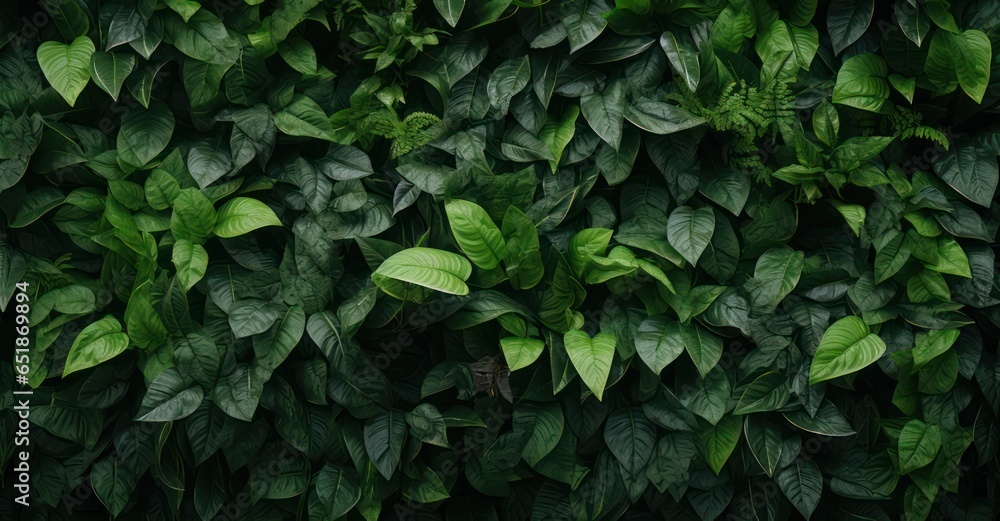lush green foliage texture, showcasing detailed leaves and vibrant colors - obrazy, fototapety, plakaty 