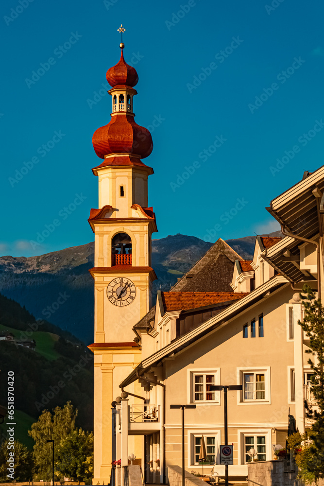 Church on a sunny summer day at St Johann, San Giovanni, Ahrntal valley, Pustertal, Trentino, Bozen, South Tyrol