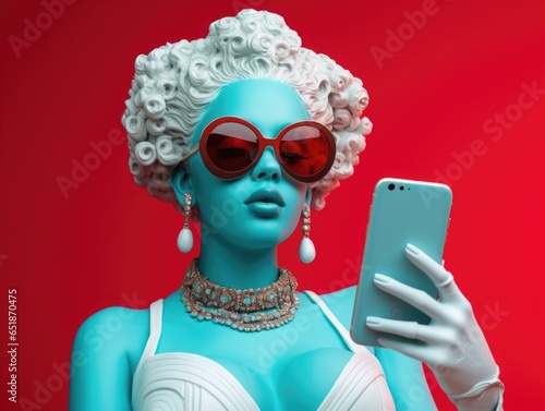 Ancient Greel woman white bust statue wearing sunglasses holding smartphone photo