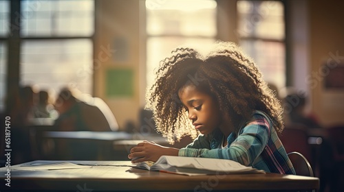 black female elementary school student Sitting alone in the classroom thinking about homework. There is a book on the table photo