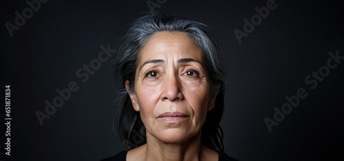 Studio portrait of tired middle aged woman with gray hair, dark background