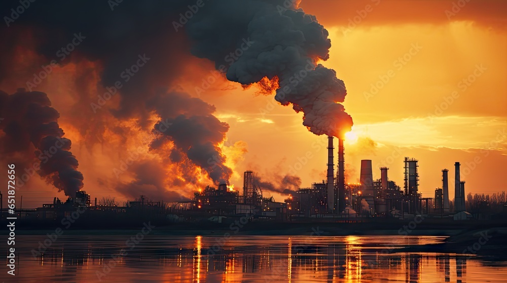 Chemical factory with smokestack Smoke from factory pipes at sunset, ecological problems and air pollution