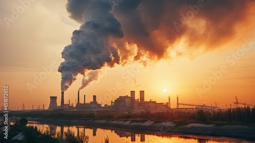 Chemical factory with smokestack Smoke from factory pipes at sunset, ecological problems and air pollution