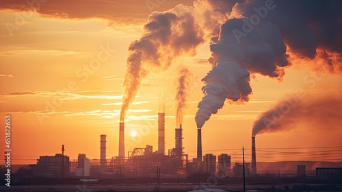 Chemical factory with smokestack Smoke from factory pipes at sunset, ecological problems and air pollution