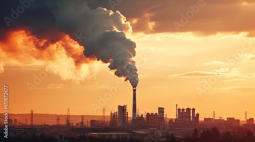 Chemical factory with smokestack Smoke from factory pipes at sunset  ecological problems and air pollution