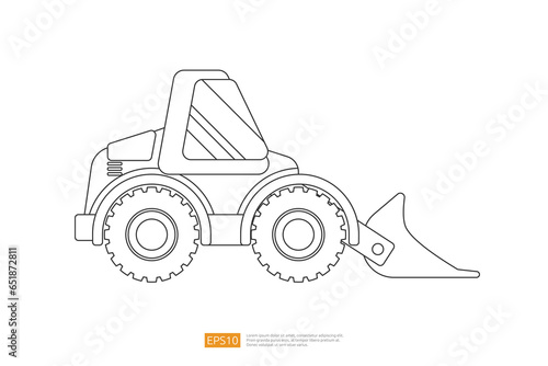 Line end loader vehicle flat. bulldozer quarry machine. stone wheel yellow digger. backhoe front loader truck. work tractor excavator. vector illustration. Coloring Page Book Cartoon Isolated for Kids