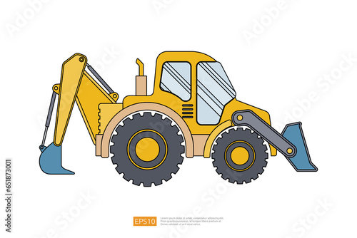 end loader vehicle flat. bulldozer quarry machine. stone wheel yellow digger. backhoe front loader truck. work tractor excavator. vector illustration. Coloring Page Book Cartoon Isolated for Kids