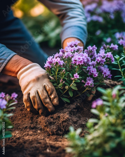 Fototapeta Naklejka Na Ścianę i Meble -  Close-up of gardener's hands in gloves planting purple flowers in the garden