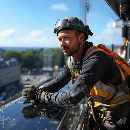 Skyscraper window cleaner, a dangerous profession at height with a safety rope. A man in a helmet wipes the window. promalpinism. rope access, Industrial mountaineering. 