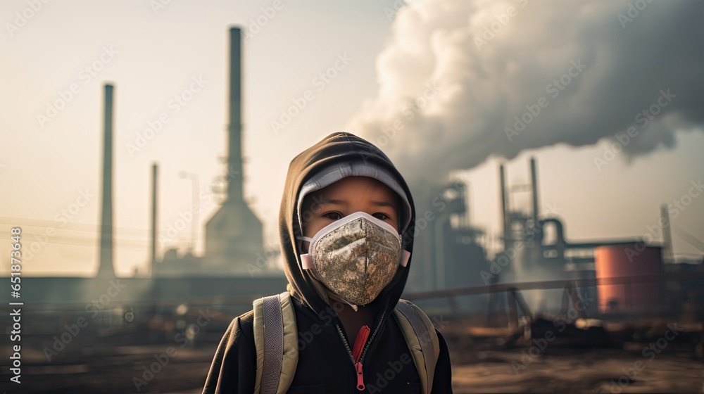 Children wearing masks to prevent air pollution Behind is the factory smokestack. - obrazy, fototapety, plakaty 