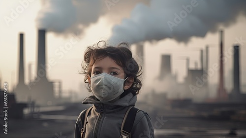 Children wearing masks to prevent air pollution Behind is the factory smokestack. photo