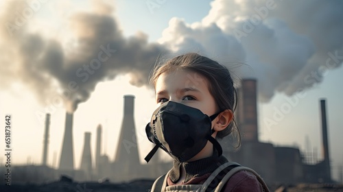 Children wearing masks to prevent air pollution Behind is the factory smokestack.
