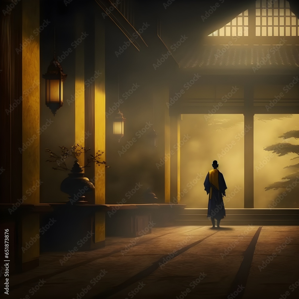 Japanese temple interior with a brooding young Japanese male monk surrounded by cinematic fog and shadows feudal Japan village dark blue yellow highlights sharp focus cinematic lighting high 