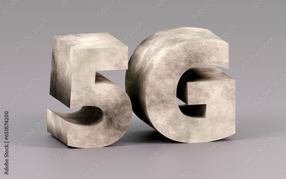 Concrete inscription 5g on grey podium, soft light, smooth background, 3d rendering Concrete inscription 5g on grey podium, soft light, smooth background, 3d rendering