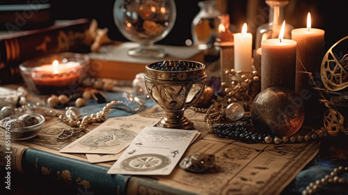 Fortune teller table with tarot cards, runes and burning candles.. Witchcraft concept.
