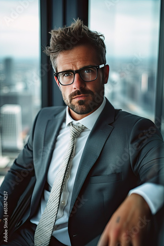 Portrait of a handsome businessman in suit and glasses at office. © ebhanu
