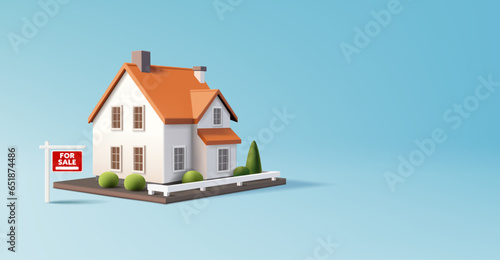 3d render vector illustration of house with for sale sign, real estate property investment, mortgage and leasing