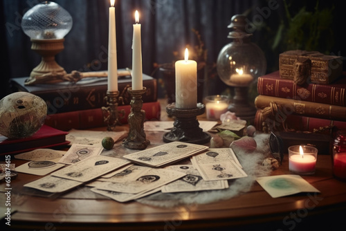 Tarot cards, fortune teller desk. Future reading concept.