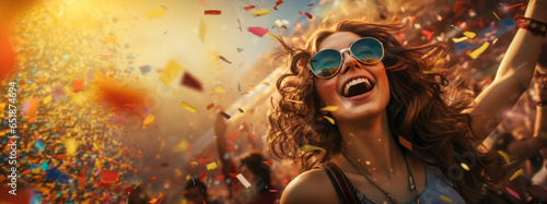 Beautiful young woman, wearing sunglasses, dancing energetically at an exciting summer festival or concert