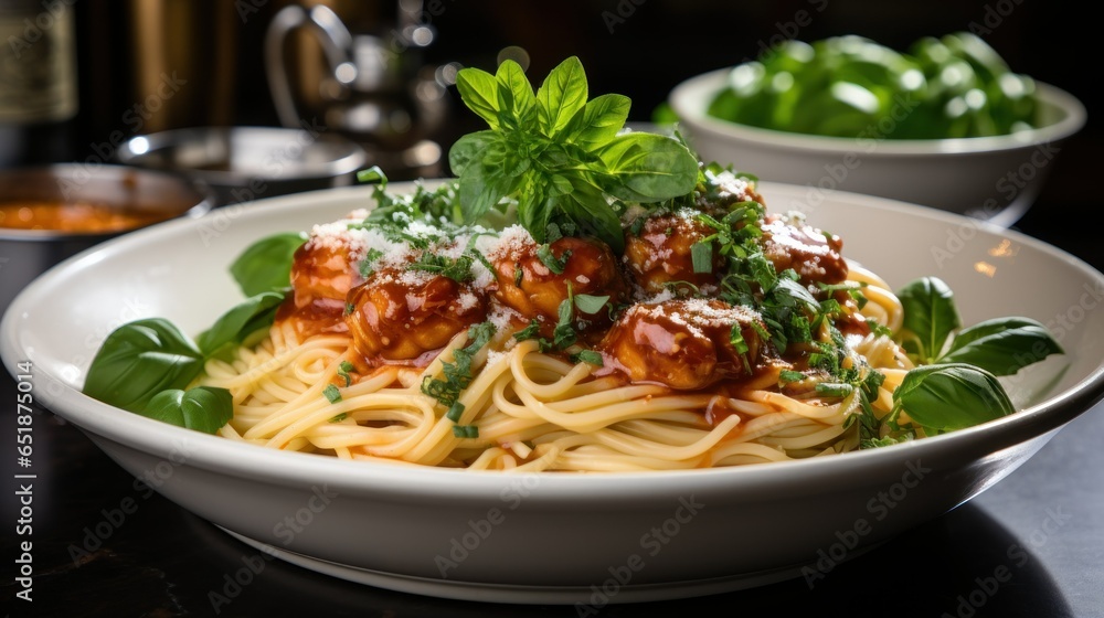 The pasta is garnished with fresh basil and parmesan cheese The pasta is garnished with fresh basil and parmesan cheese
