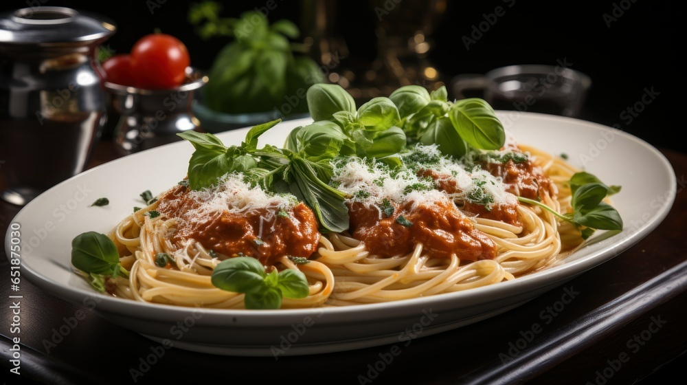 The pasta is garnished with fresh basil and parmesan cheese The pasta is garnished with fresh basil and parmesan cheese