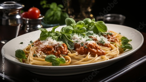 The pasta is garnished with fresh basil and parmesan cheese