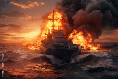 A modern warship burns in an open sea after being hit by a missile against a sunset background. Clouds of smoke and fire engulfed the back of the ship, which was floating in the ocean with foamy waves
