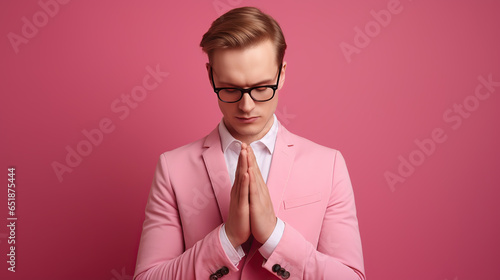 portrait of businessman with hands folded isolated on pink background  photo