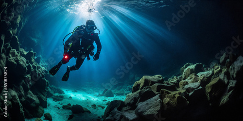 Diver explores dark underwater cave. Generative AI.