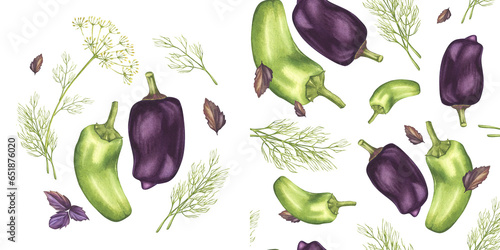 Sweet peppers with dill and purple basil. Watercolor set of isolated illustrations of vegetables and seamless pattern. Harvest. For design packaging, background, label photo