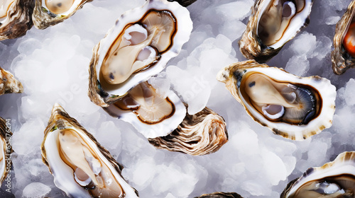 Top view on fresh oysters laying on crushed ice. Seafood background. Generative AI