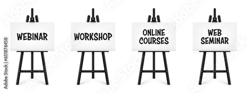 Realistic paint desk with text on white canvas. Black wooden easel and a sheet of drawing paper. Presentation board on a tripod. Distance education, online courses and e-learning. Vector illustration