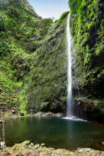 Madeira - Beautiful waterfall in the end of Levada Caldeirao Verde  green rain forest jungle
