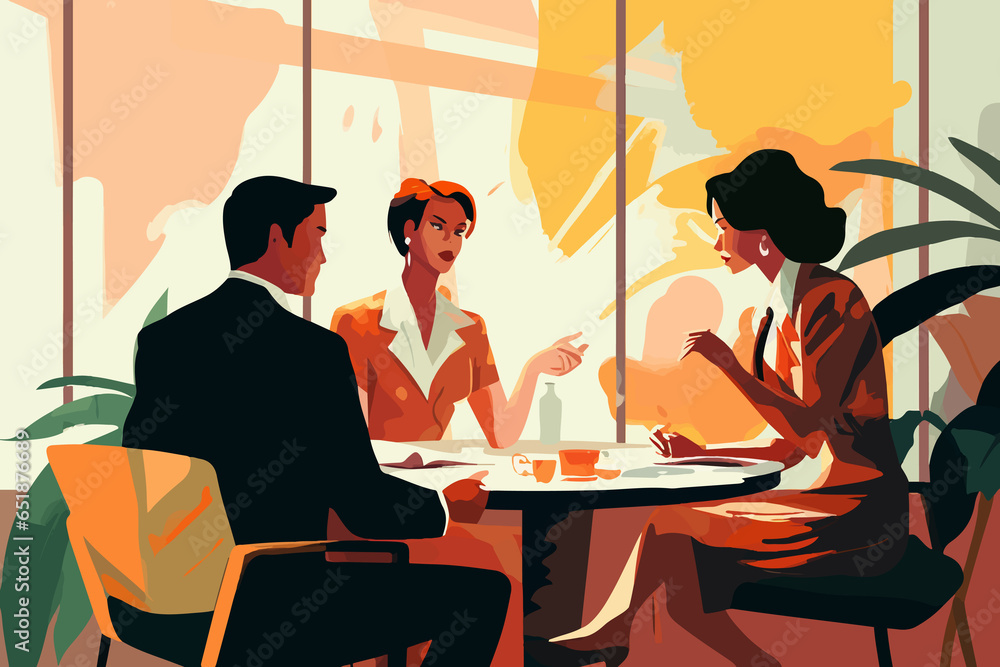 Brainstorming session with colleagues and a client. 3 coworkers at a corporate meeting talking business