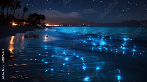 bord de mer la nuit avec phénomène bioluminescent dans l'eau photo