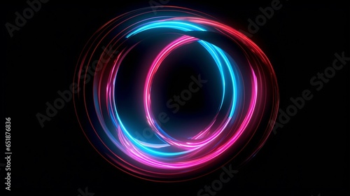Abstract black background with a blank neon frame and a pink and blue glowing shape..