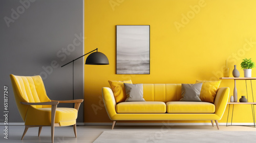 Well-decorated living room with a blend of modern and cozy elements. Yellow photo