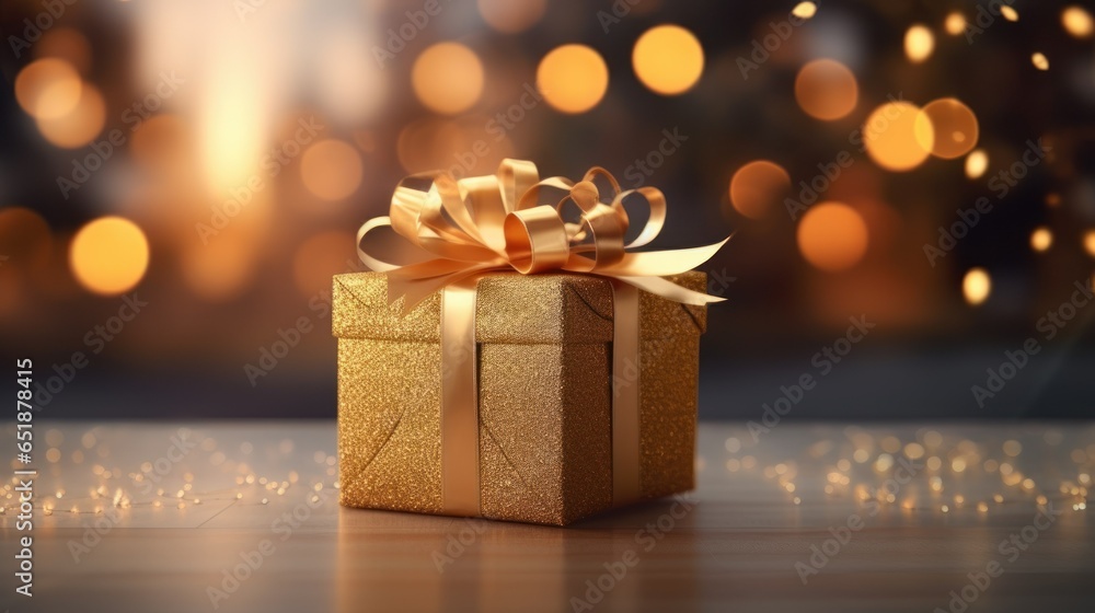 Gold gift box on bokeh background, celebration concept Gold gift box on bokeh background, celebration concept