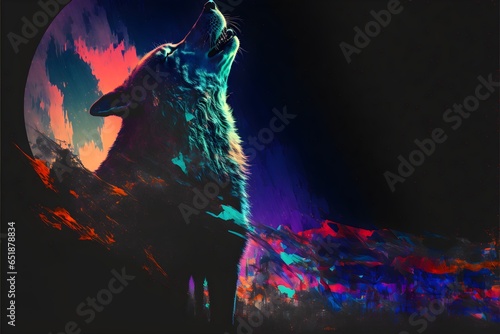 halfman halfwolf howling at full moon dark fantasy glitch art colorful  photo