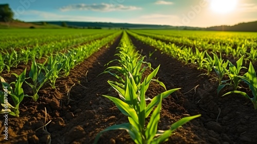 Agriculture shot rows of young corn plants growing on a vast field with dark fertile soil leading to the horizon