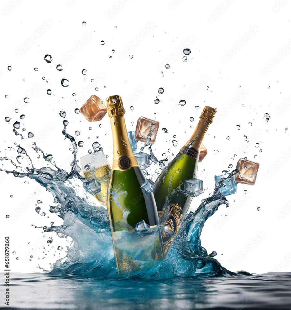 Fototapeta premium bottle and glass of white wine between the splashes of water-